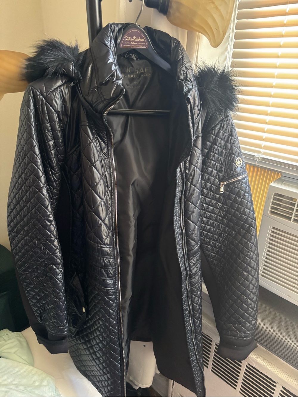 Michael Kors Quilted Black Hooded Puffer Coat with Faux Fur Trim